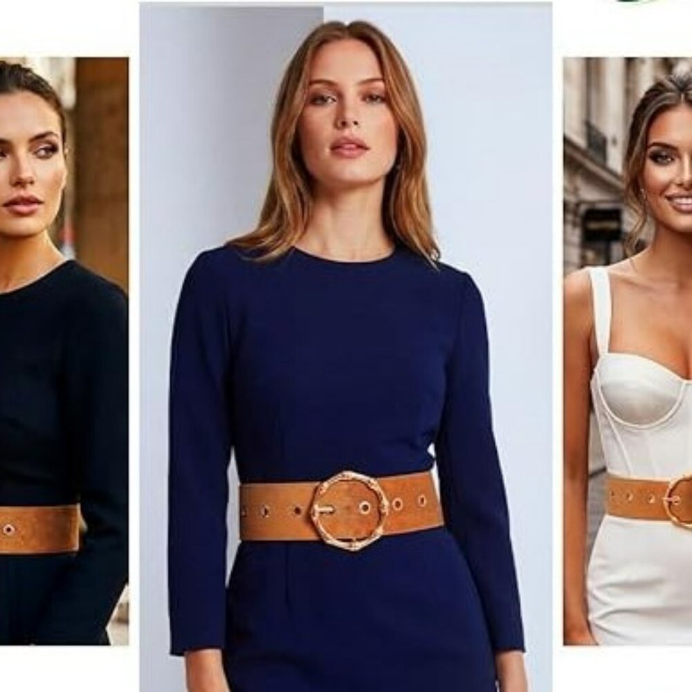 Suede‎ Belt brown Leather Chunky Gold Belt Fashion Thick Classy Luxury Statement